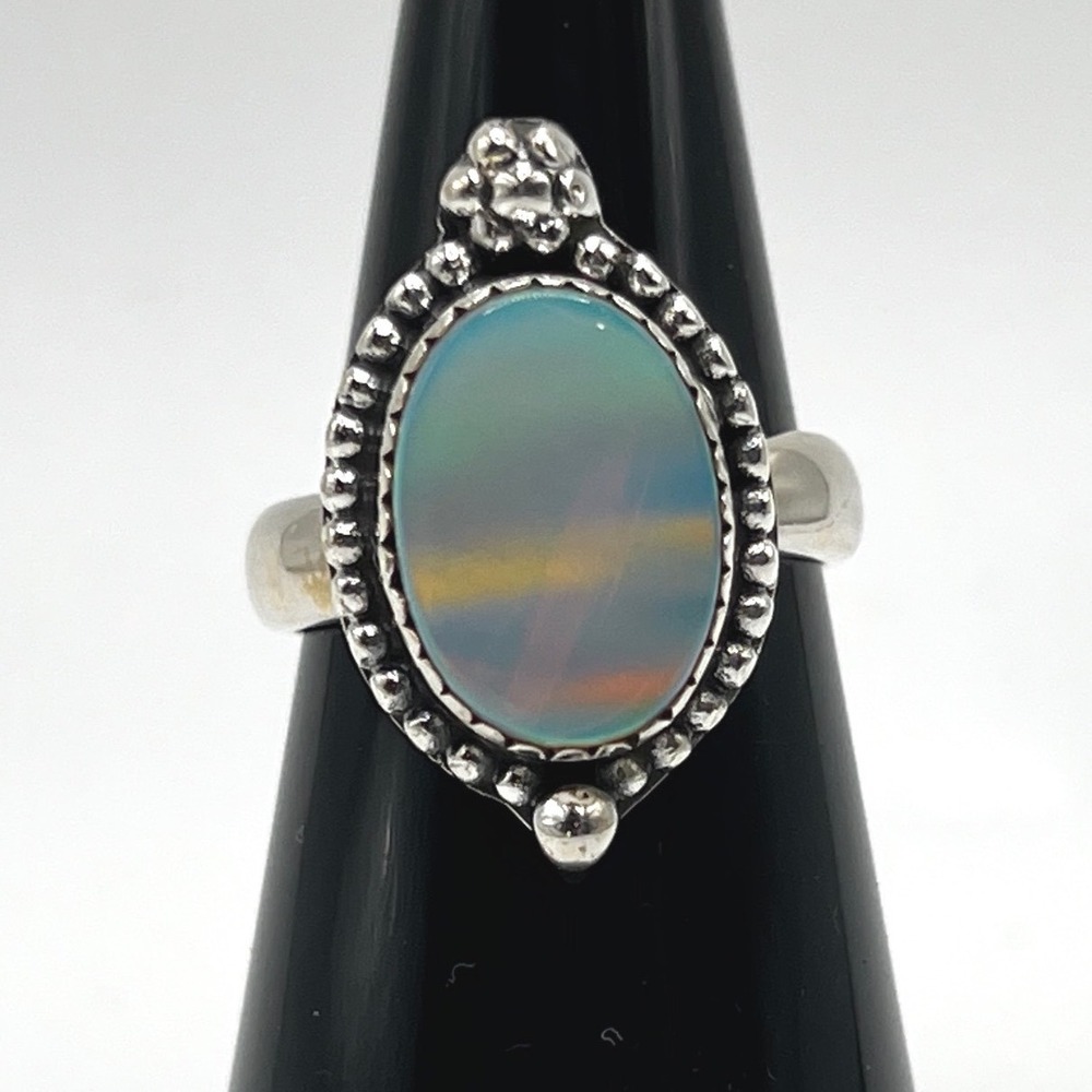 Vintage Style Oval Aurora Opal Beaded Bezel .925 Sterling Silver Statement Ring